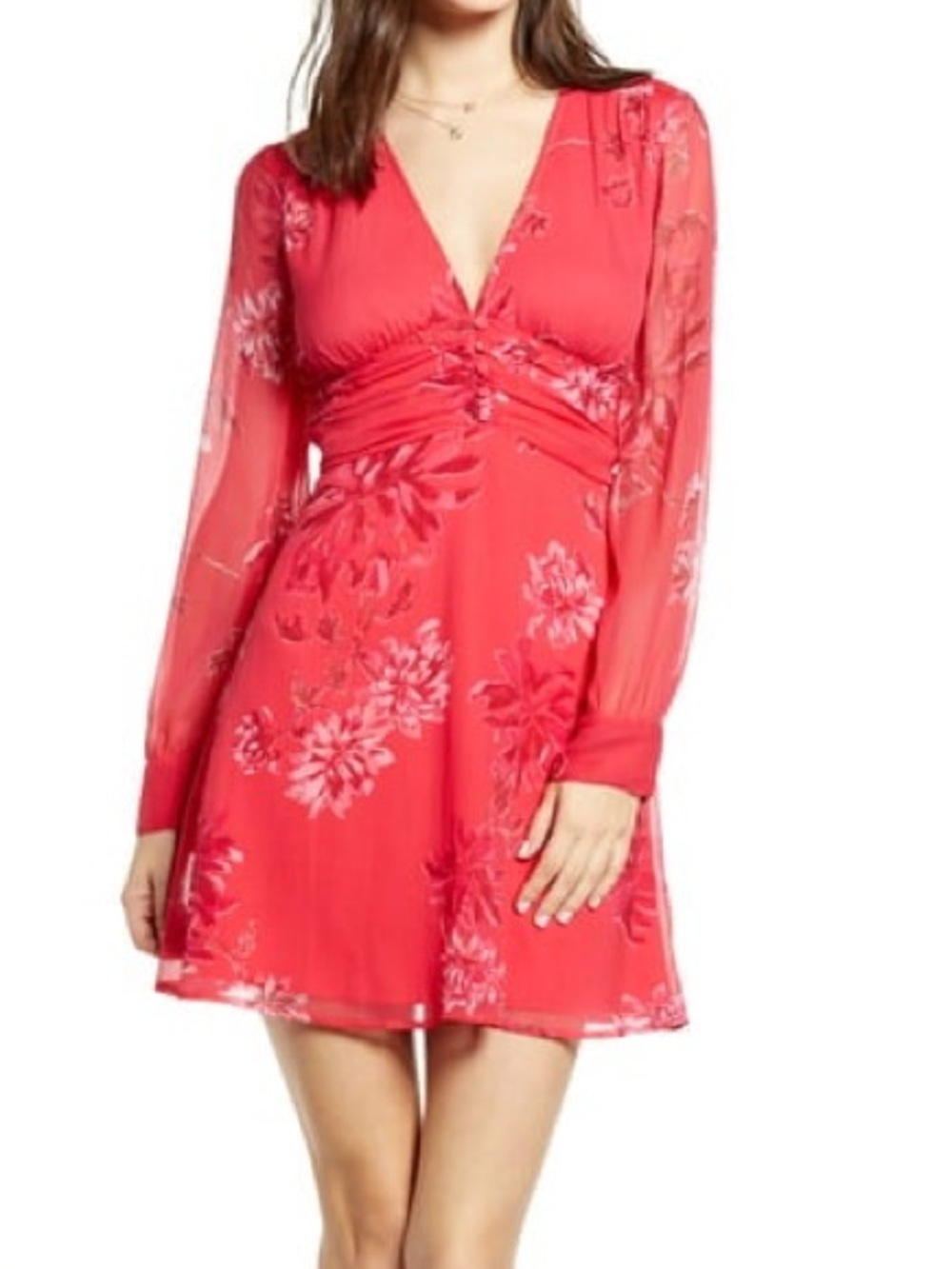 Leith Red Floral Sheer Sleeve Fit & Flare Mini Dress XXS NWOT